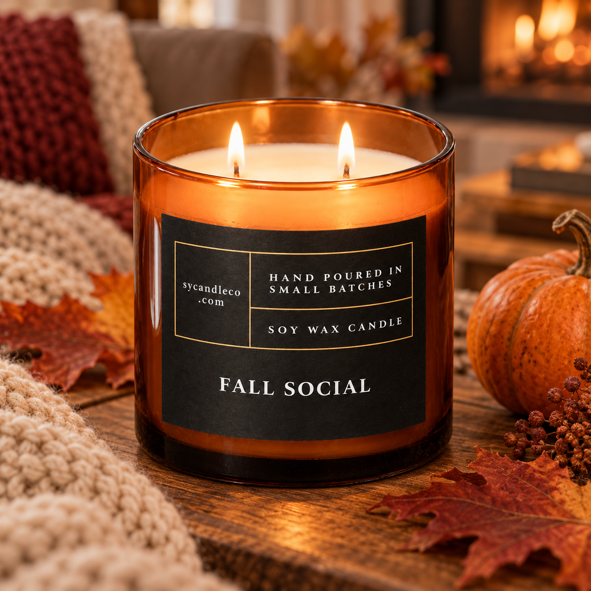 Fall Social candle with sycandleco.com branding in a lifestyle setting