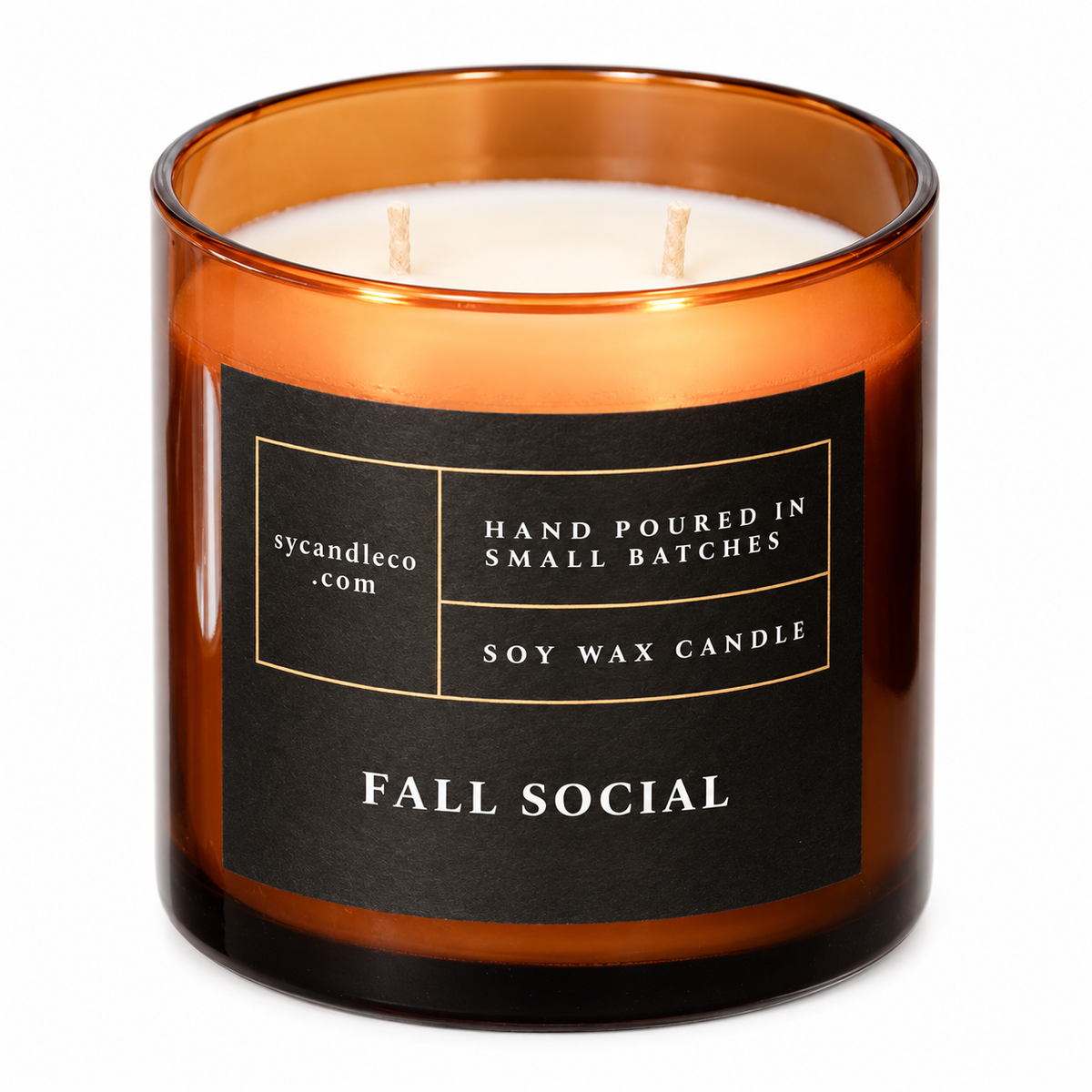 Fall Social candle with sycandleco.com branding, product view