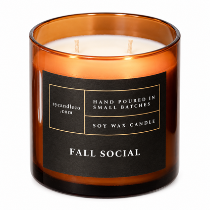 Fall Social candle with sycandleco.com branding, product view