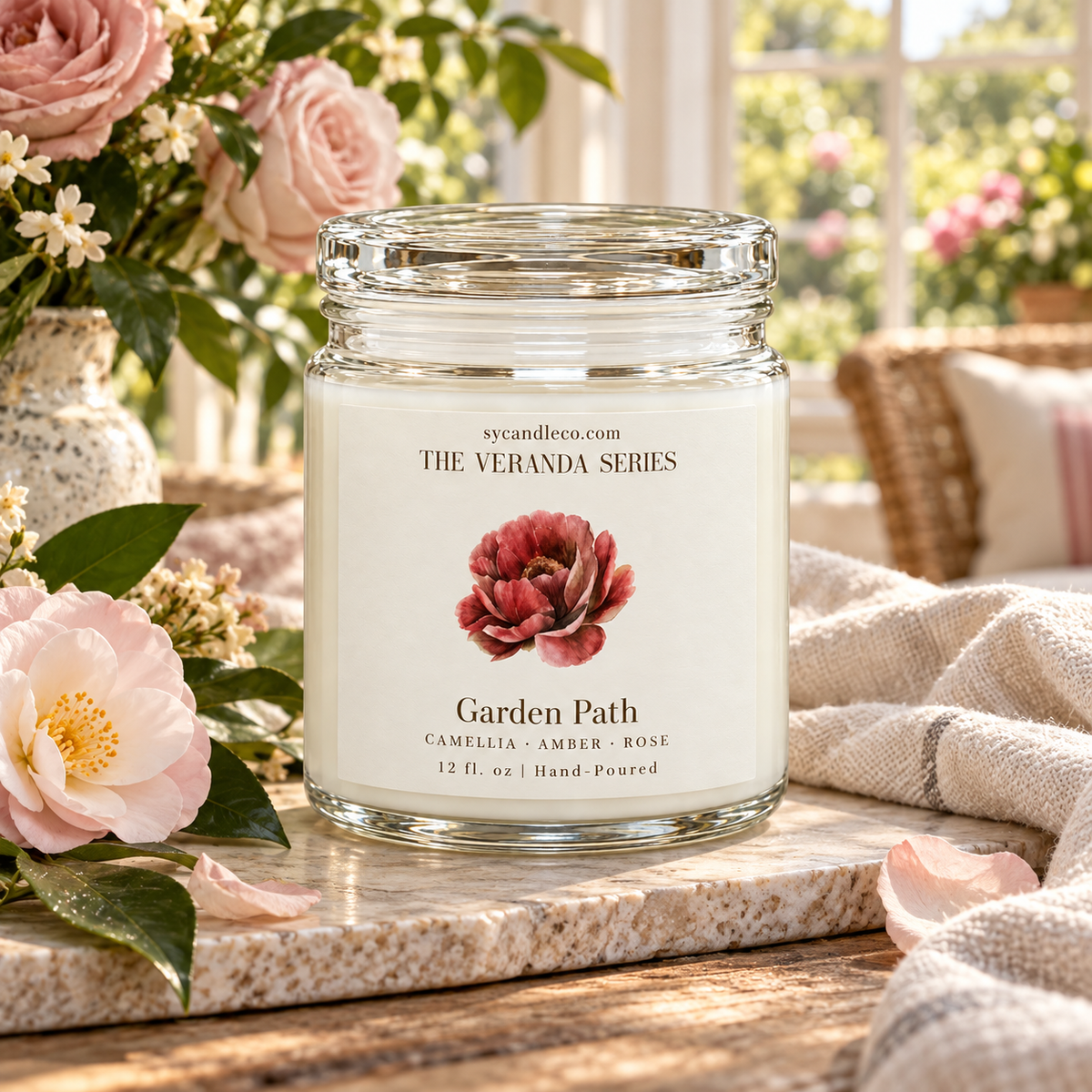 Garden Path candle with sycandleco.com branding in a lifestyle setting