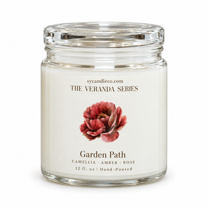 Garden Path candle with sycandleco.com branding, product view