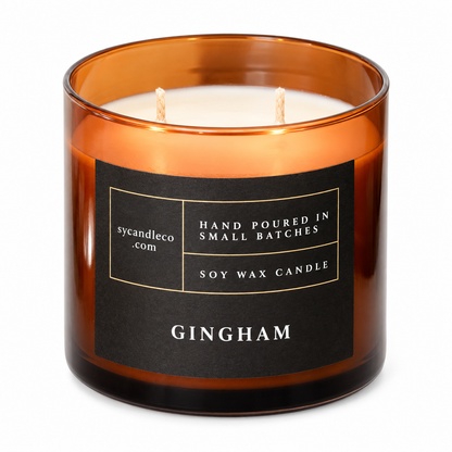 Gingham candle with sycandleco.com branding, product view