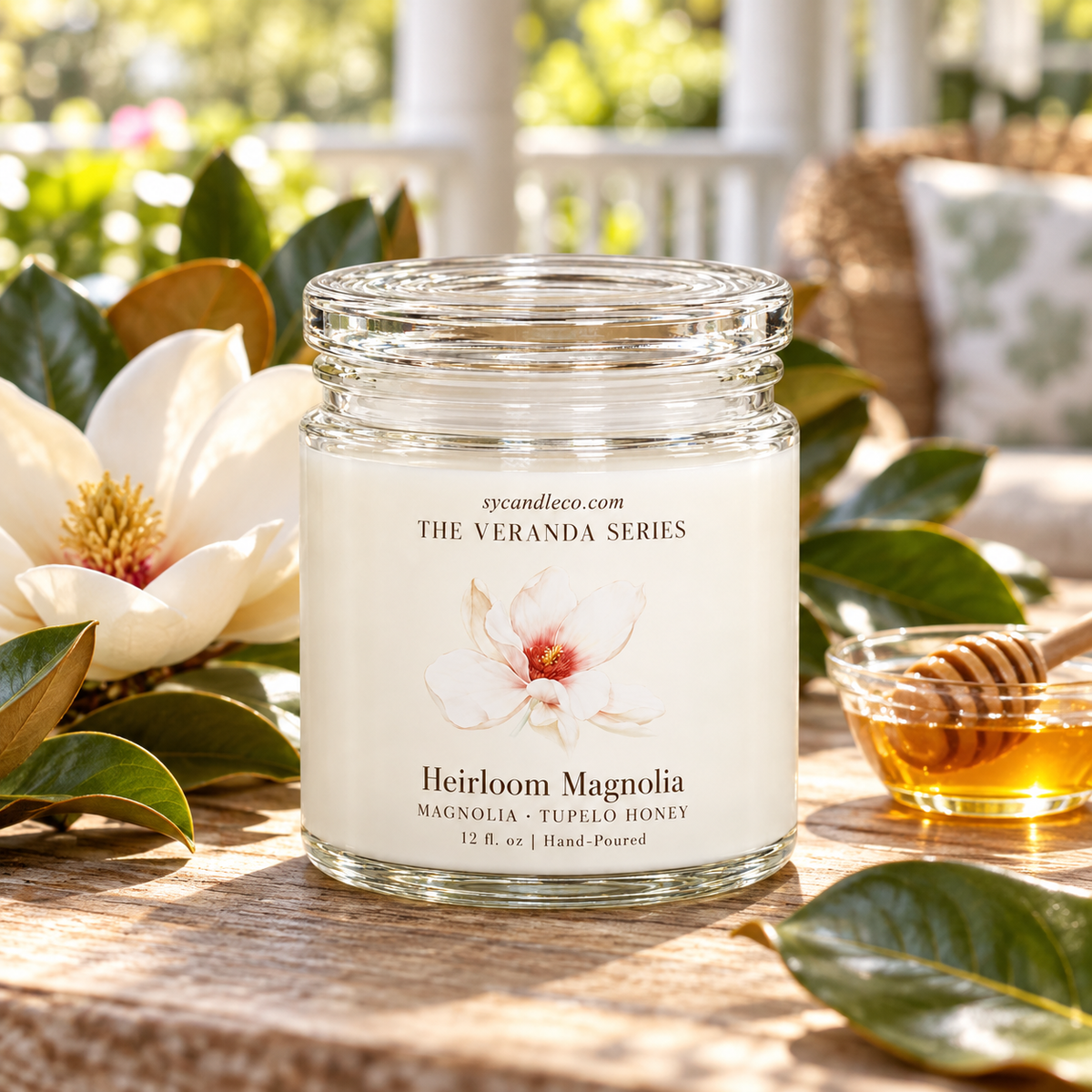Heirloom Magnolia & Tupelo Honey candle with sycandleco.com branding in a lifestyle setting