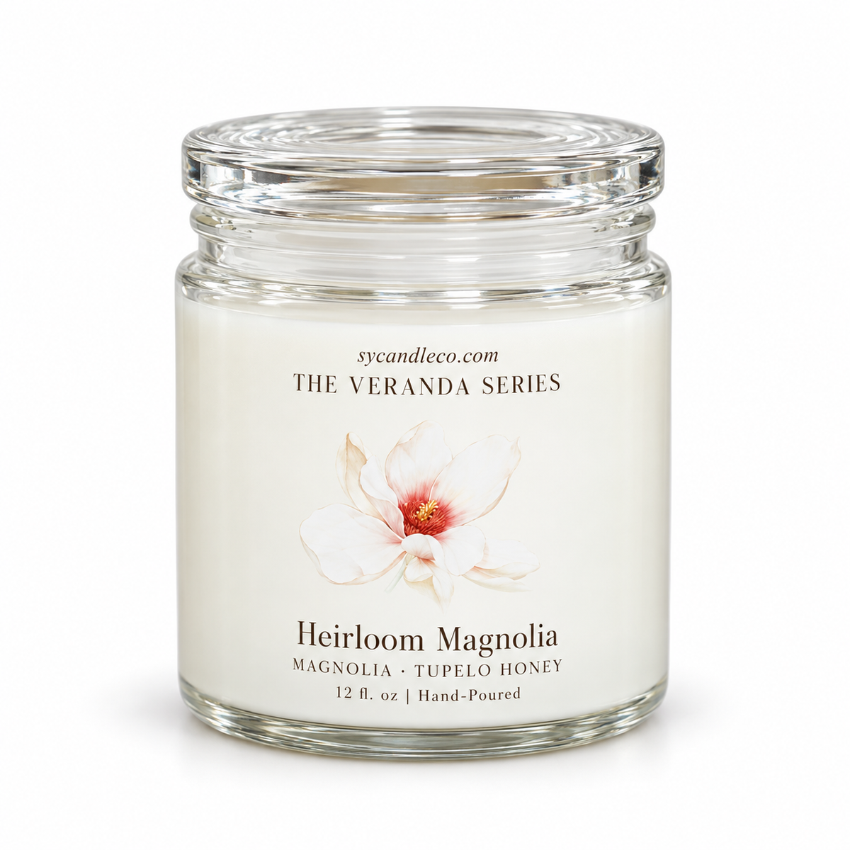 Heirloom Magnolia & Tupelo Honey candle with sycandleco.com branding, product view