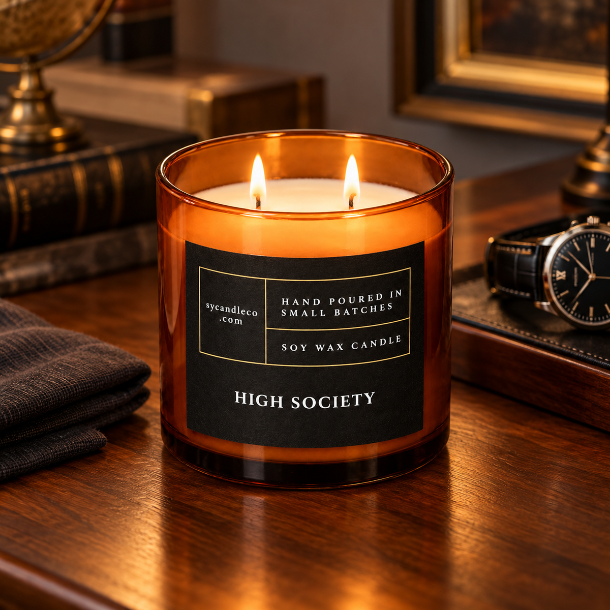 High Society candle with sycandleco.com branding in a lifestyle setting