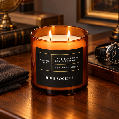 High Society candle with sycandleco.com branding in a lifestyle setting