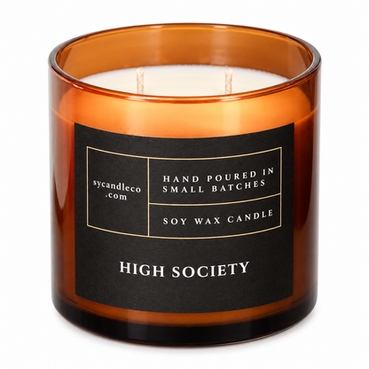 High Society candle with sycandleco.com branding, product view