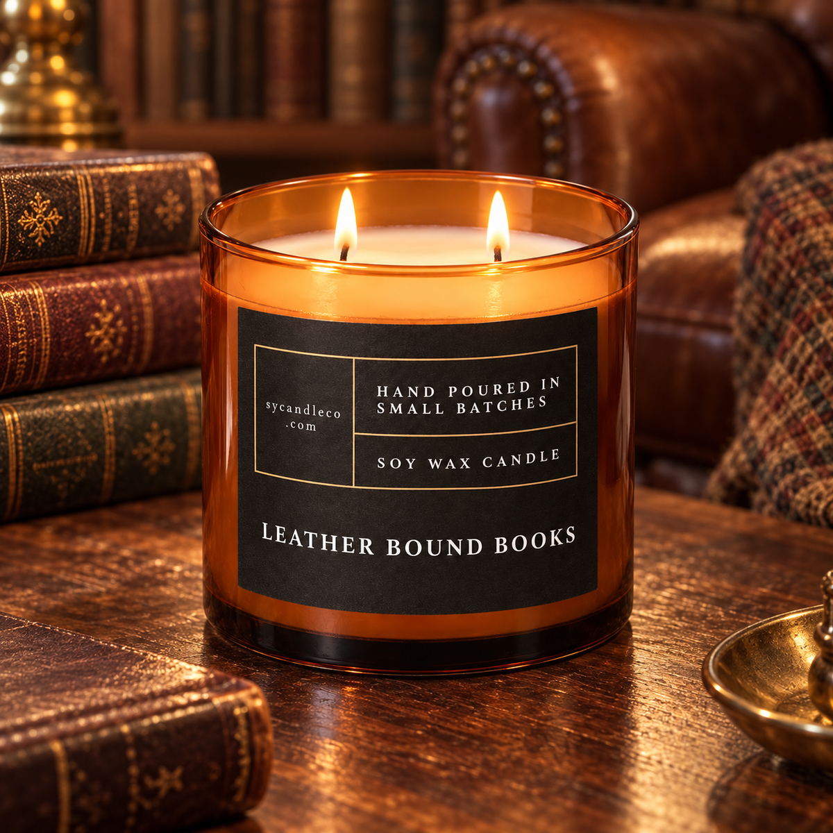 Leather Bound Books candle with sycandleco.com branding in a lifestyle setting