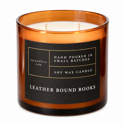 Leather Bound Books candle with sycandleco.com branding, product view