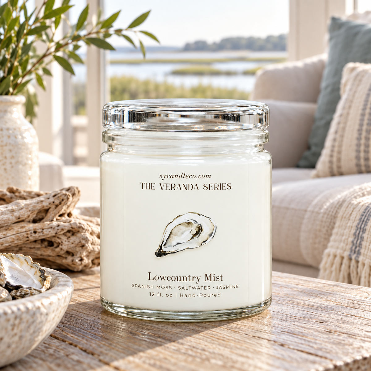 Lowcountry Mist candle with sycandleco.com branding in a lifestyle setting