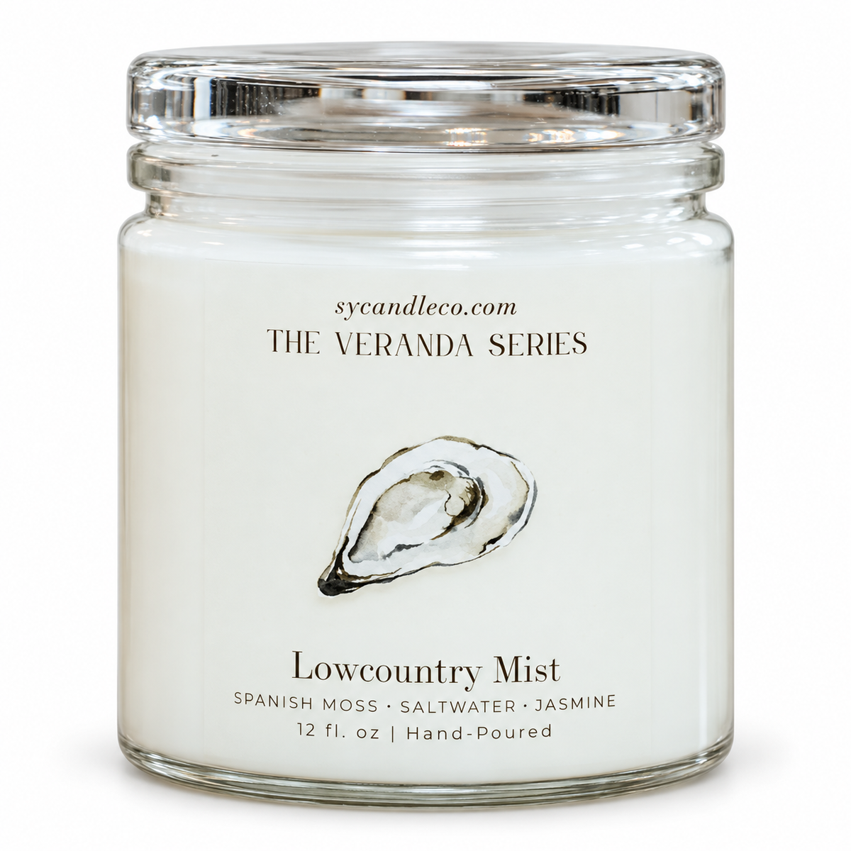 Lowcountry Mist candle with sycandleco.com branding, product view