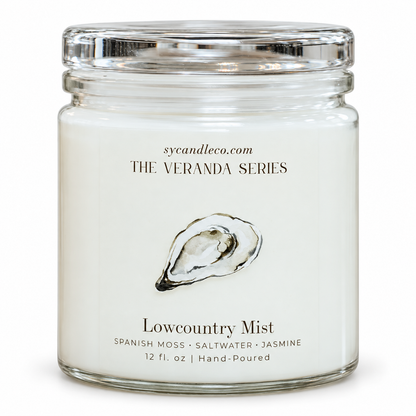 Lowcountry Mist candle with sycandleco.com branding, product view