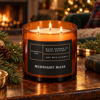 Midnight Mass candle with sycandleco.com branding in a lifestyle setting