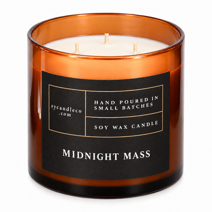 Midnight Mass candle with sycandleco.com branding, product view