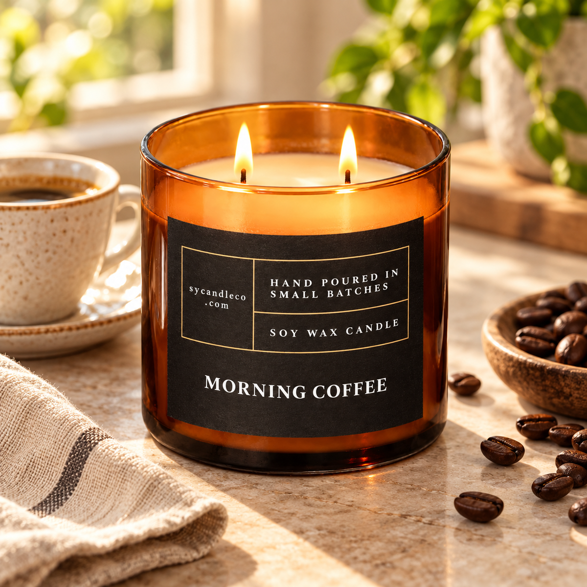 Morning Coffee candle with sycandleco.com branding in a lifestyle setting