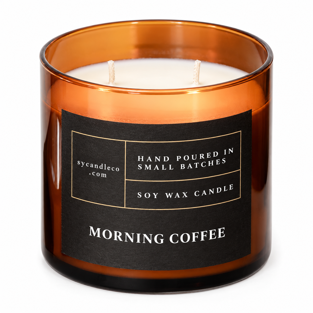 Morning Coffee candle with sycandleco.com branding, product view