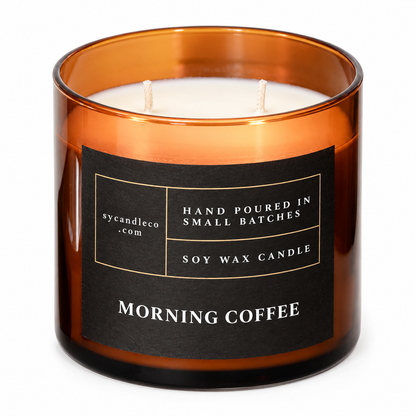 Morning Coffee candle with sycandleco.com branding, product view