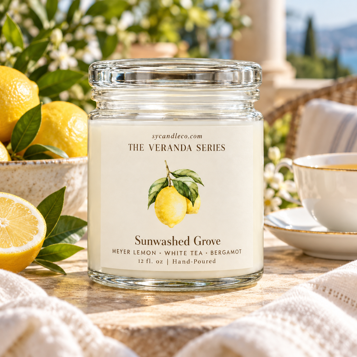 Sunwashed Grove candle with sycandleco.com branding in a lifestyle setting