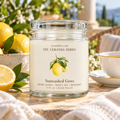 Sunwashed Grove candle with sycandleco.com branding in a lifestyle setting