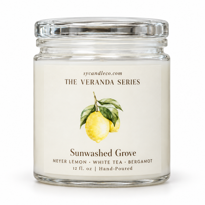Sunwashed Grove candle with sycandleco.com branding, product view