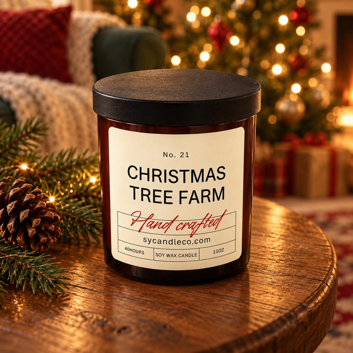 Christmas Tree Farm soy candle — amber lifestyle