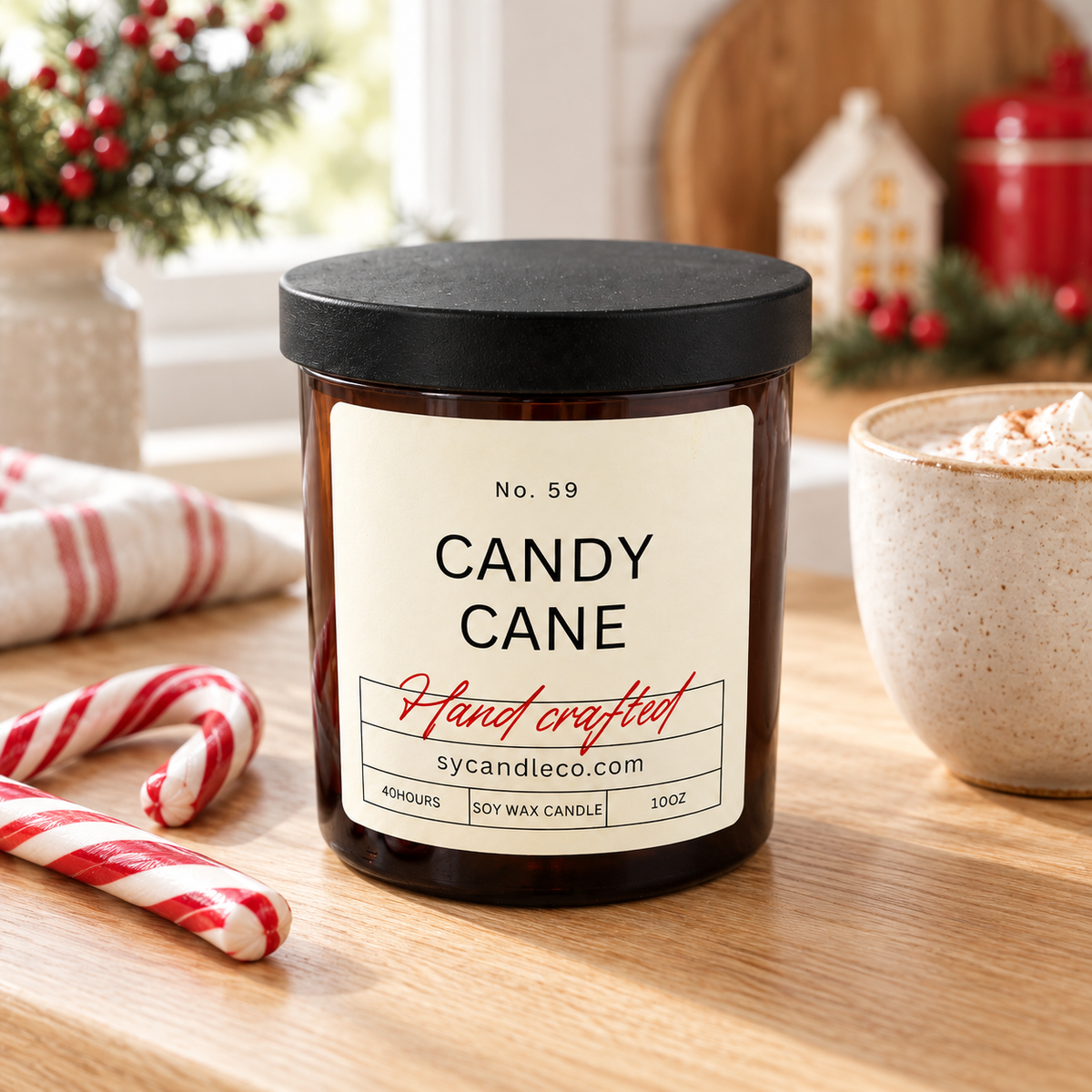 Candy Cane soy candle — amber lifestyle
