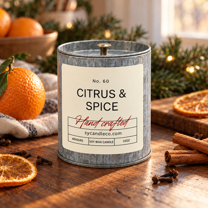 Citrus & Spice soy candle — tin lifestyle
