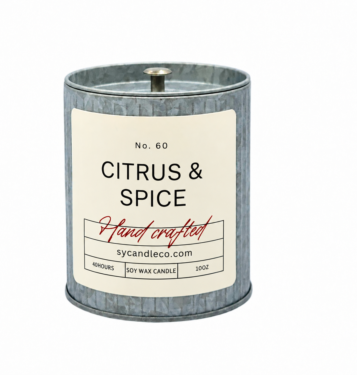 Citrus & Spice soy candle — tin product