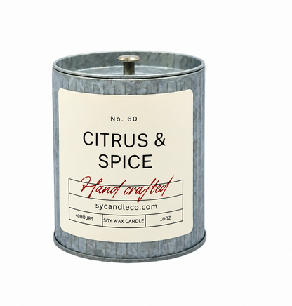 Citrus & Spice soy candle — tin product